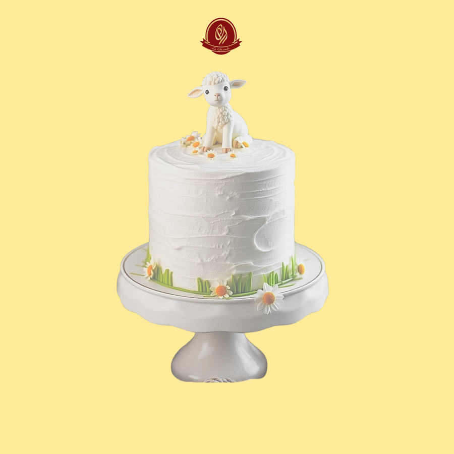 A Tall Minimalist White Cake Topped With A Handcrafted 3D Lamb Figurine - Abu Dhabi in Abu Dhabi | Eid Day Cakes Delivery UAE – Legrandeuae