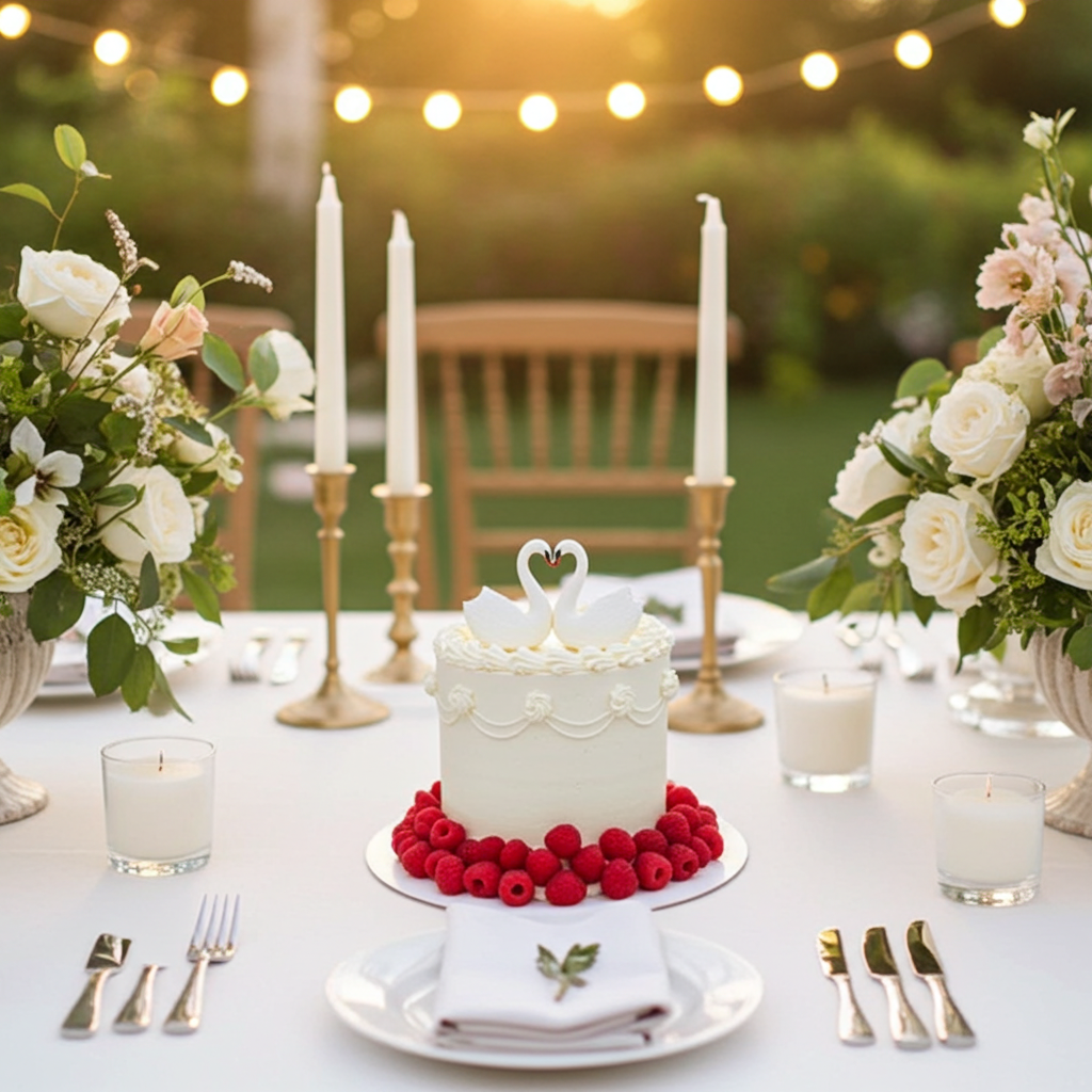 Eternal Love White Wedding Cake with Raspberries & Swan Topper – Elegant Engagement Cake | Abu Dhabi & UAE Delivery in Abu Dhabi | Wedding / Engagement Cakes Delivery UAE – Legrandeuae