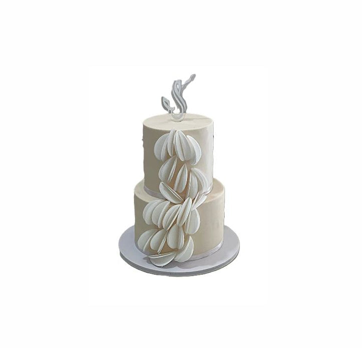 Two-Tier White Wedding Cake with Edible Paper Art – Modern Elegant Engagement Cake | Abu Dhabi & UAE Delivery in Abu Dhabi | Wedding / Engagement Cakes Delivery UAE – Legrandeuae