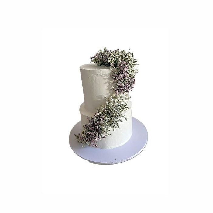 Two-Tier White Wedding Cake with Baby’s Breath Floral Garland – Elegant Engagement Cake | Abu Dhabi & UAE Delivery in Abu Dhabi | Wedding / Engagement Cakes Delivery UAE – Legrandeuae