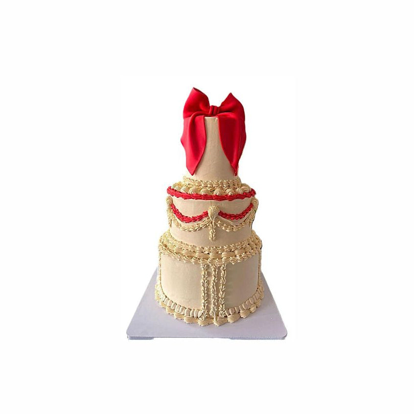 Vintage Wedding Cake with Handcrafted Frosting & Red Hanging Bow – Elegant Engagement Cake | Abu Dhabi & UAE Delivery in Abu Dhabi | Wedding / Engagement Cakes Delivery UAE – Legrandeuae