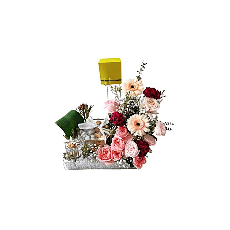 Graduation Rose & Gerbera Arrangement in White Pebble Tray – Premium Flower Gift | Abu Dhabi & UAE Delivery in Abu Dhabi | Graduation Day Flowers Delivery UAE – Legrandeuae