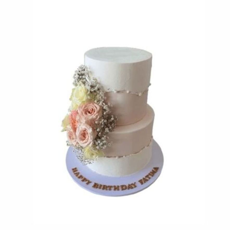 Two-Tier Wedding Cake with Pink, White & Baby’s Breath Flowers – Elegant Floral Cake | Abu Dhabi & UAE Delivery in Abu Dhabi | Wedding / Engagement Cakes Delivery UAE – Legrandeuae