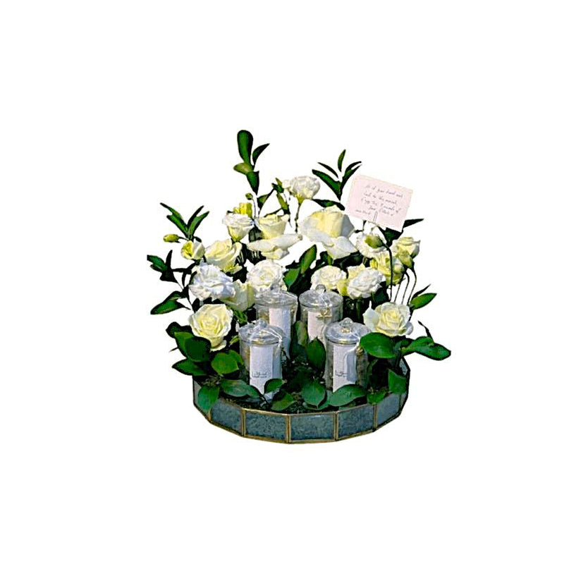 Birthday Flower Arrangement With Eternal White Rose & Lisianthus Garden Pure White Roses, White Lisianthus & Lush Greenery in a Round Mosaic-Style Tray in Abu Dhabi | Birthday Flowers / Bouquet (All Genders) Delivery UAE – Legrandeuae