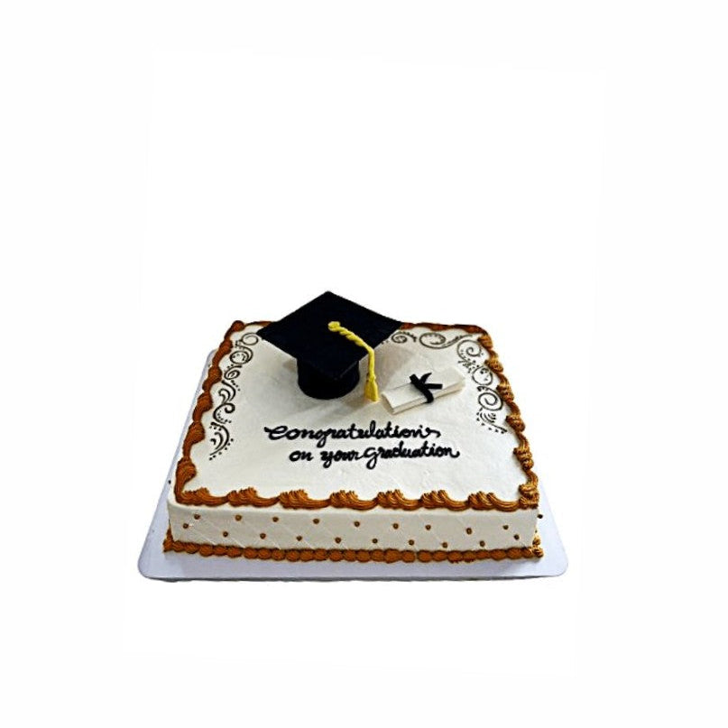 Rectangular White Graduation Cake with Brown Piping – Abu Dhabi in Abu Dhabi | Graduation Cakes Delivery UAE – Legrandeuae