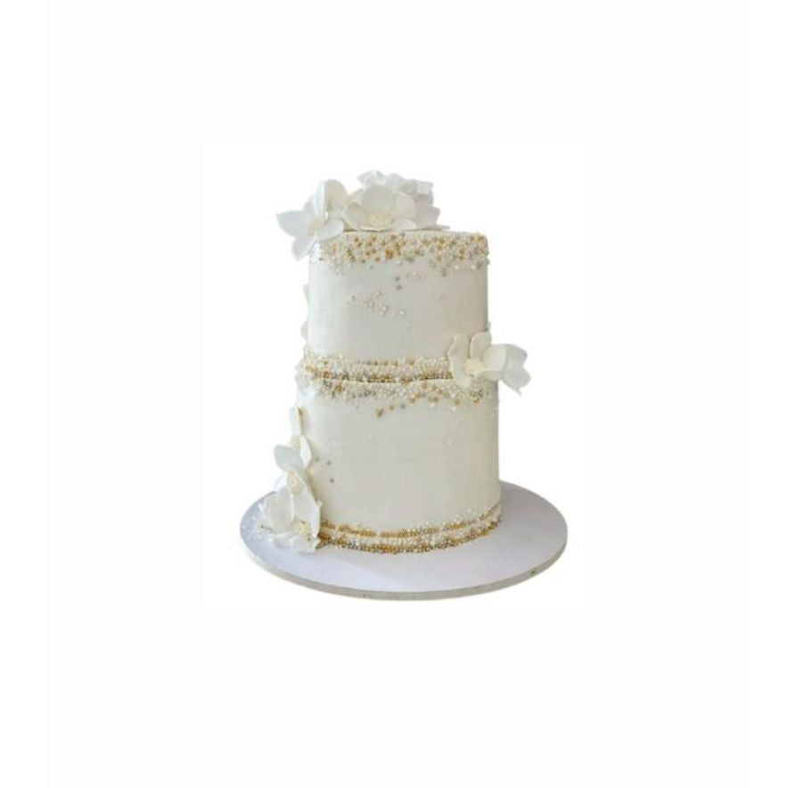 Two-Tier Engagement Cake with White Blooms, Pearls & Edible Glitter – Luxury Floral Cake | Abu Dhabi & UAE Delivery in Abu Dhabi | Wedding / Engagement Cakes Delivery UAE – Legrandeuae