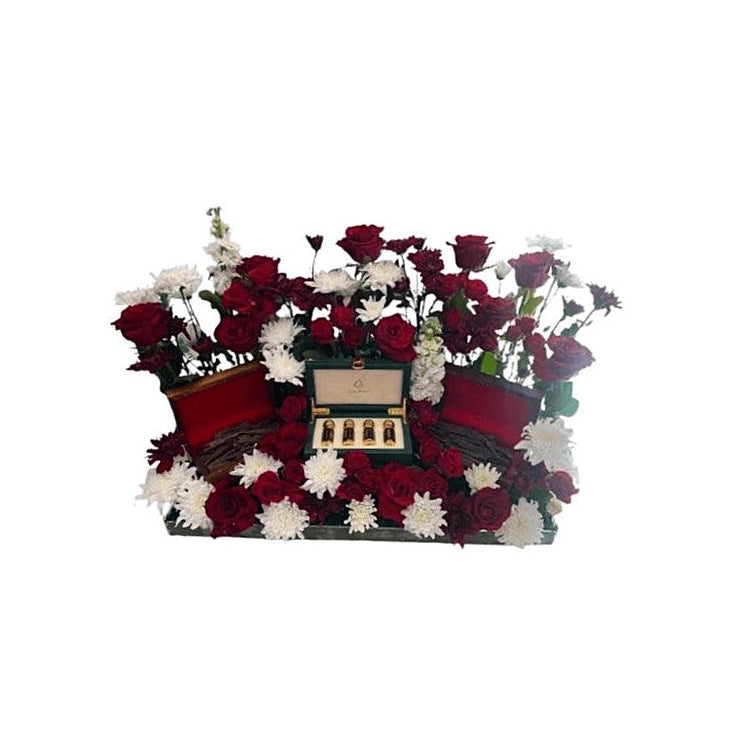 Red Roses & White Mums Floral Tray For Anniversary - Abu Dhabi in Abu Dhabi | Anniversary Bouquet Delivery UAE – Legrandeuae