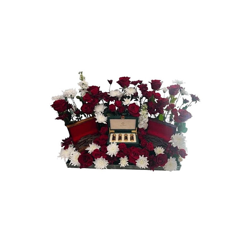 Red Rose And White Chrysanthemum Acrylic Tray Flower Arrangement For Anniversary - Abu Dhabi in Abu Dhabi | Anniversary Bouquet Delivery UAE – Legrandeuae