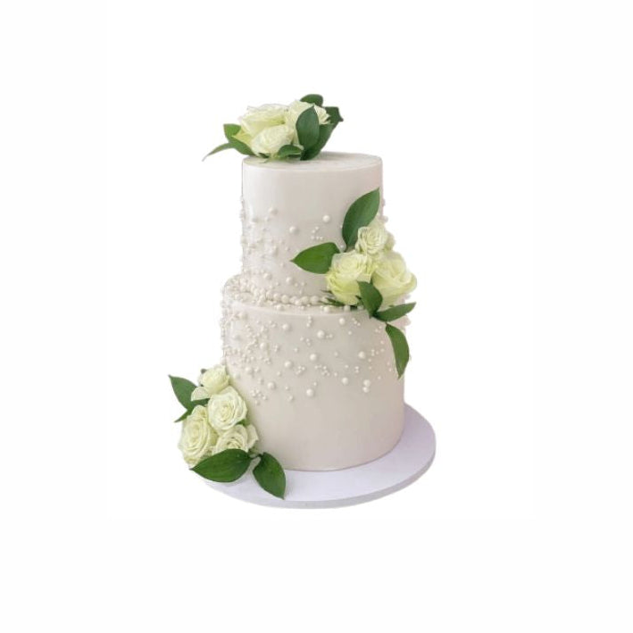 Two-Tier White Wedding Cake with Fresh White Roses – Elegant Textured Floral Cake | Abu Dhabi & UAE Delivery in Abu Dhabi | Wedding / Engagement Cakes Delivery UAE – Legrandeuae