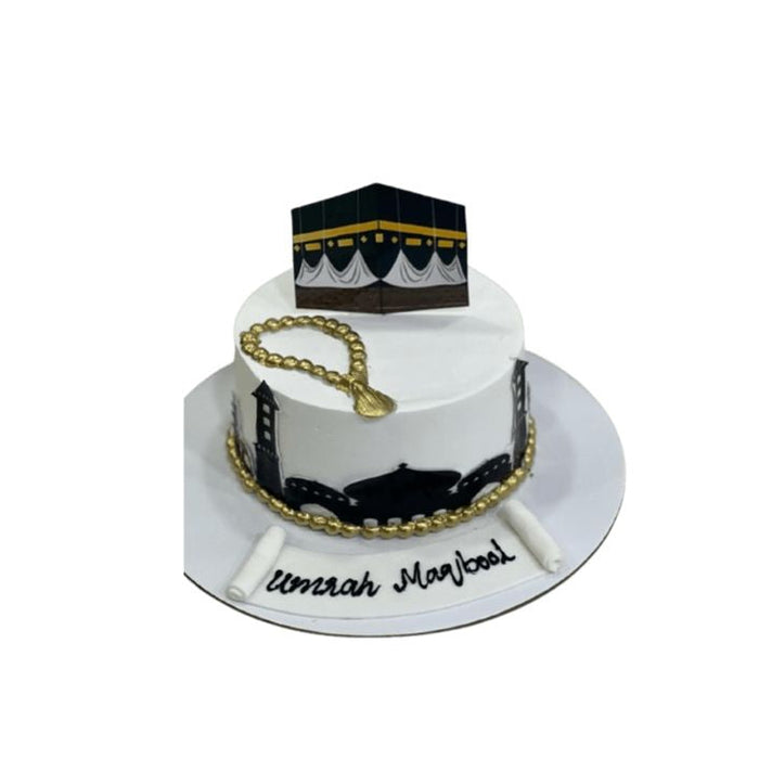 Custom Umrah Mubarak cake Featuring a Black and Gold Kaaba Topper and Edible Prayer Beads - Abu Dhabi