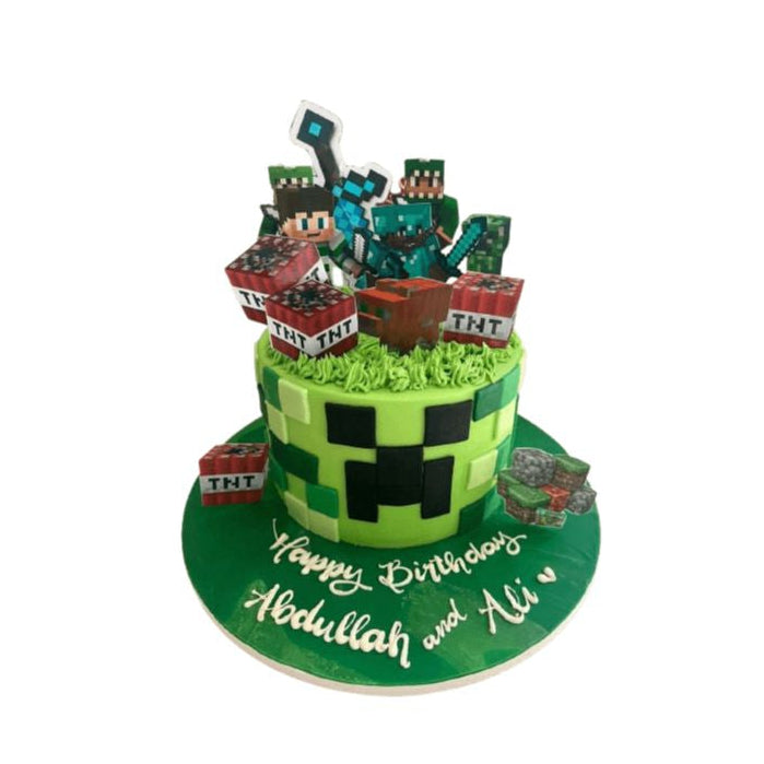 Pixelated Green Minecraft Birthday Cake with Character Toppers - Abu Dhabi in Abu Dhabi | Roblox Theme Cakes Delivery UAE – Legrandeuae