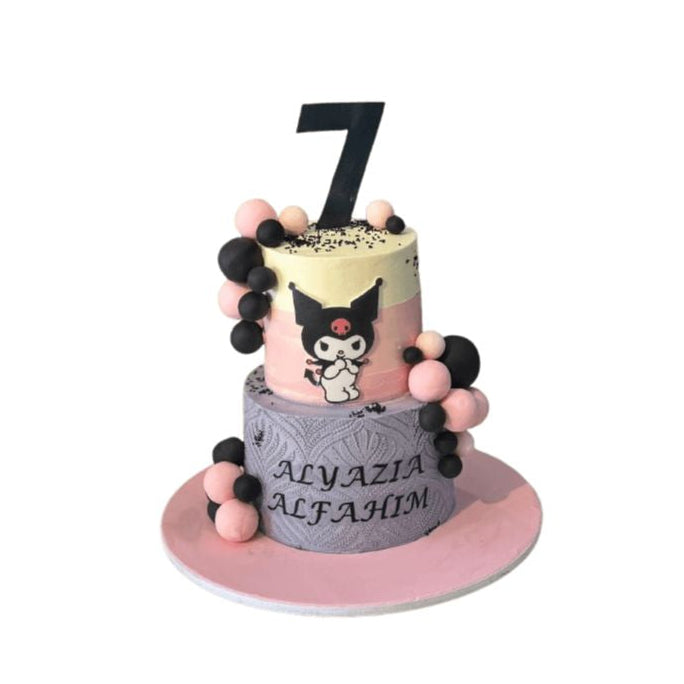 Two-Tiered Kuromi Theme Cake Featuring Pink And Purple Frosting Decorated With Spherical Toppings and a Prominent number - Abu Dhabi
