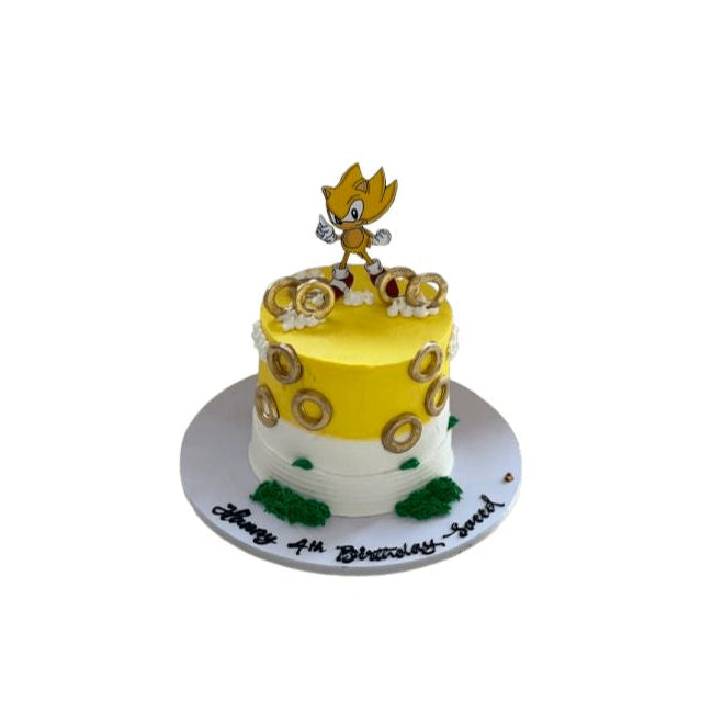 Super Sonic Golden Ring Birthday Cake for Kids Decorated with 3D Gold Power Rings, Green Moss Accents | Abu Dhabi & UAE Delivery (Copy) in Abu Dhabi | Sonic cakes Delivery UAE – Legrandeuae