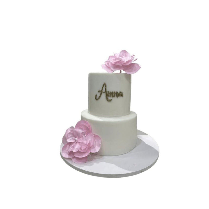 Elegant 2-Tier White Cake with Pink Floral Accents - Abu Dhabi in Abu Dhabi | Birthday cakes - Children Delivery UAE – Legrandeuae