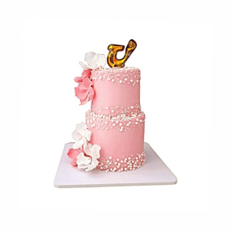 Two-Layer Pink Wedding Cake with Floral Arrangements, Pearls & Arabic Calligraphy – Elegant Engagement Cake | Abu Dhabi & UAE Delivery in Abu Dhabi | Wedding / Engagement Cakes Delivery UAE – Legrandeuae