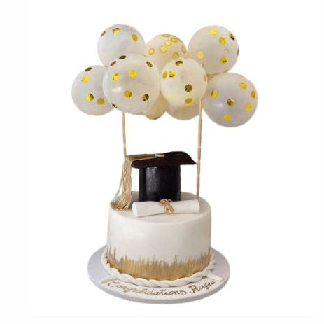 Academic Excellence Graduation Cake with Balloons – Premium Celebration Cake | Abu Dhabi & UAE Delivery in Abu Dhabi | Graduations Cakes Delivery UAE – Legrandeuae
