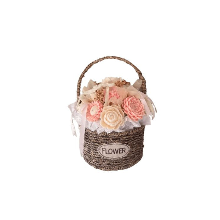 Pink & Cream Preserved Flower Basket with Woven Handle - Abu Dhabi