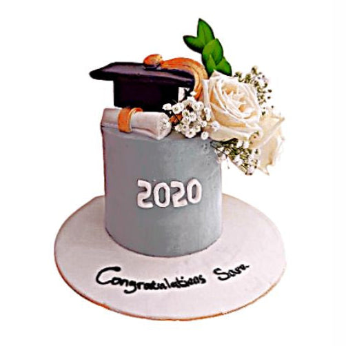 Victory Vibes Graduation Cake in Grey with Fresh Flowers, Certificate & Cap – Luxury Cake | Abu Dhabi & UAE Delivery in Abu Dhabi | Graduations Cakes Delivery UAE – Legrandeuae