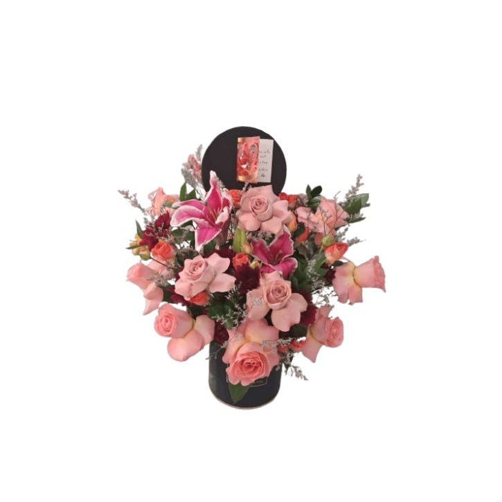 Pink Rose & Lily Floral Arrangement in Elegant Black Hat Box | Luxury Flower Bouquet - Abu Dhabi