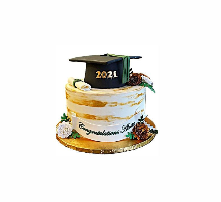 The Golden Touch Graduation Cake with Floral Design – Abu Dhabi in Abu Dhabi | Graduations Cakes Delivery UAE – Legrandeuae