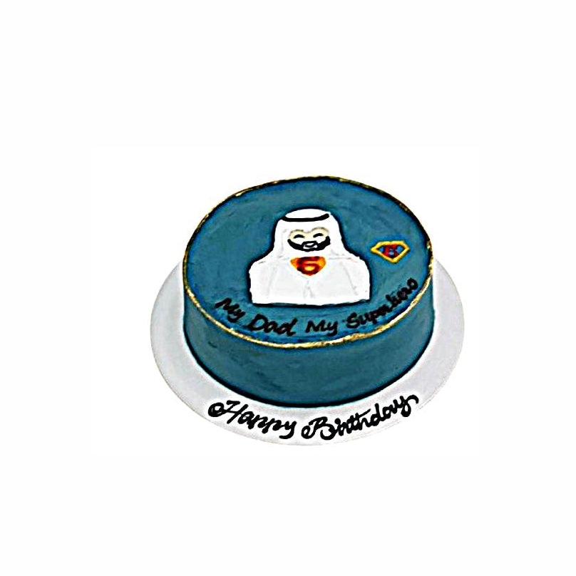 “My Dad My Super Hero” Blue Father’s Day Cake with Emirati Attire Art – Custom Celebration Cake | Abu Dhabi & UAE Delivery in Abu Dhabi | Fathers day Delivery UAE – Legrandeuae