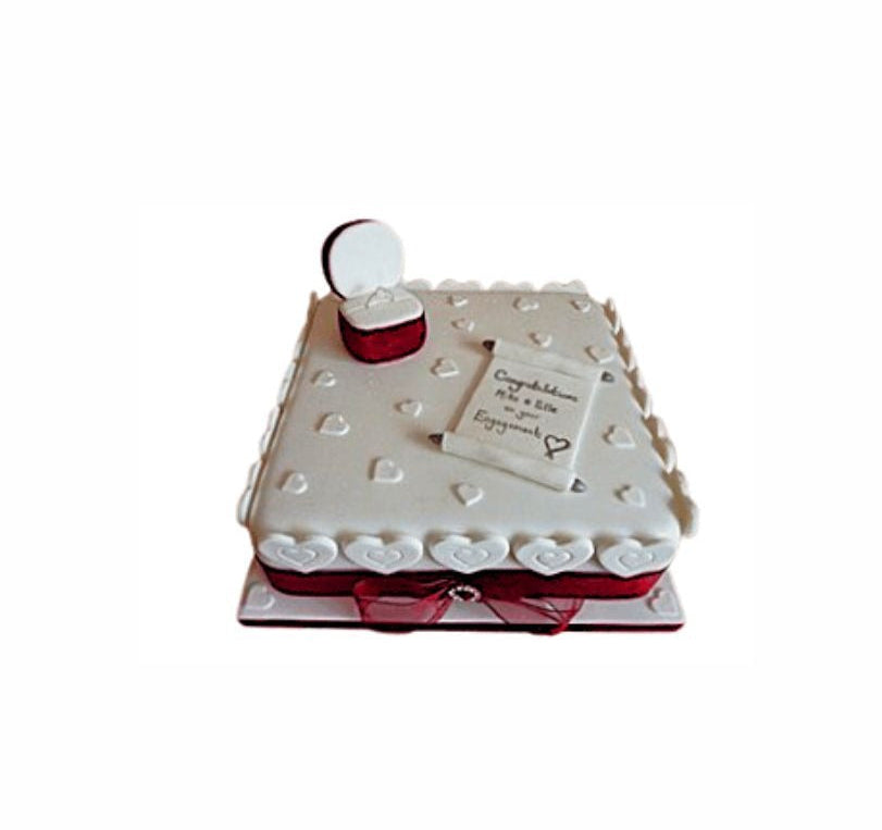 Square Proposal Cake with Hearts, Red Ribbon & Ring Box – Romantic Engagement Cake | Abu Dhabi & UAE Delivery in Abu Dhabi | Wedding / Engagement Cakes Delivery UAE – Legrandeuae