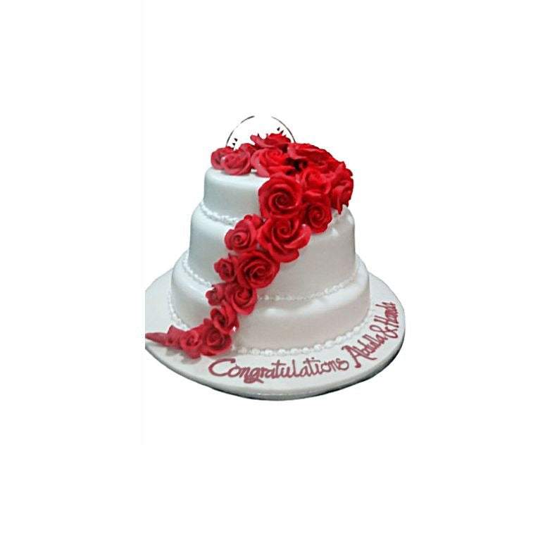 Three-Tier Wedding Cake with Romantic Floral Side Decoration – Elegant Engagement Cake | Abu Dhabi & UAE Delivery in Abu Dhabi | Wedding / Engagement Cakes Delivery UAE – Legrandeuae