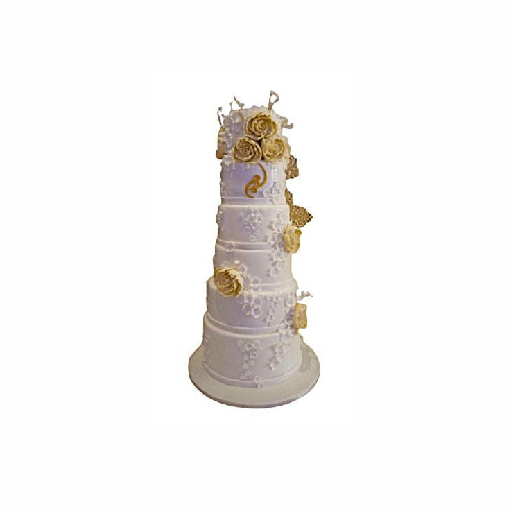 Multi-Tier Wedding Cake with Light Frosting Patterns & Gold Floral Accents – Luxury Engagement Cake | Abu Dhabi & UAE Delivery in Abu Dhabi | Wedding / Engagement Cakes Delivery UAE – Legrandeuae