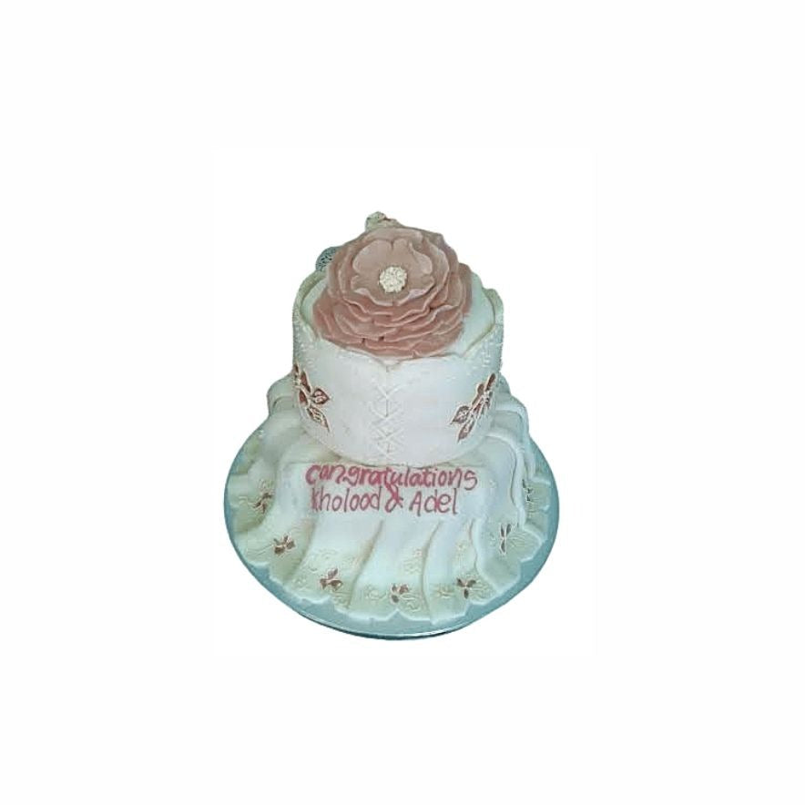 Intricate Frosting Pattern Wedding Cake with Pink Flowers – Elegant Engagement Cake | Abu Dhabi & UAE Delivery in Abu Dhabi | Wedding / Engagement Cakes Delivery UAE – Legrandeuae