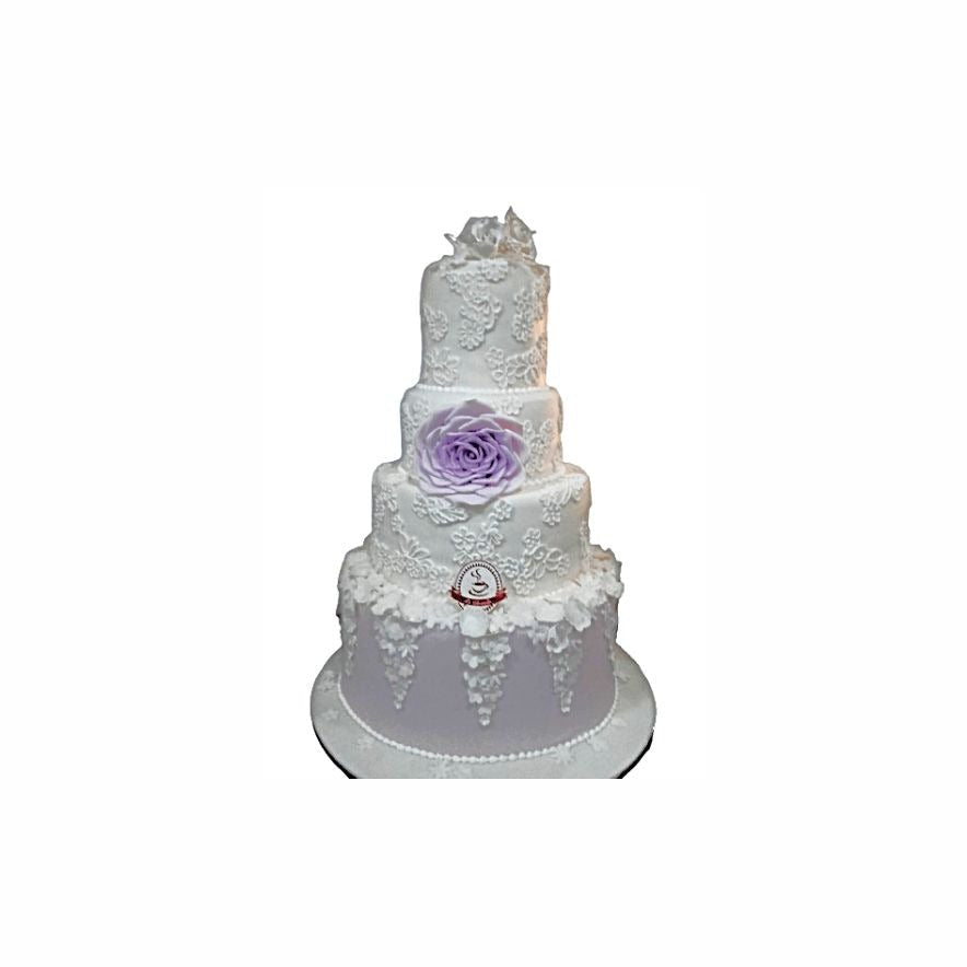 4-Layer Vintage White Wedding Cake with Floral Textured Patterns – Luxury Engagement Cake | Abu Dhabi & UAE Delivery in Abu Dhabi | Wedding / Engagement Cakes Delivery UAE – Legrandeuae