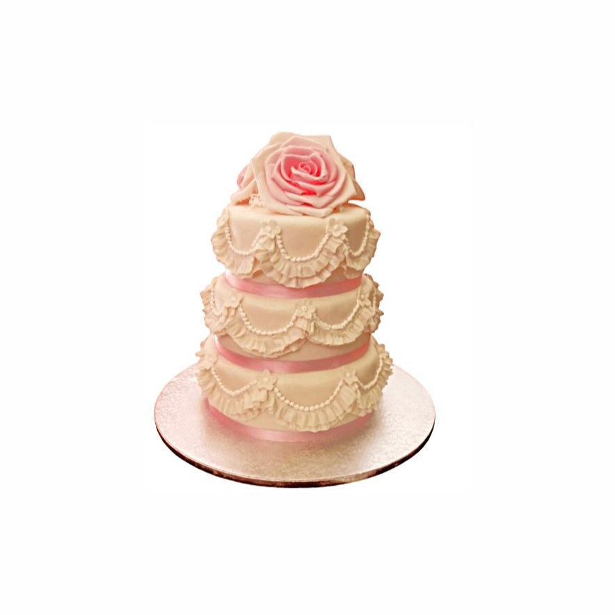 Three-Tier Vintage Wedding Cake with White Piping, Pink Ribbon & Rose – Elegant Engagement Cake | Abu Dhabi & UAE Delivery in Abu Dhabi | Wedding / Engagement Cakes Delivery UAE – Legrandeuae