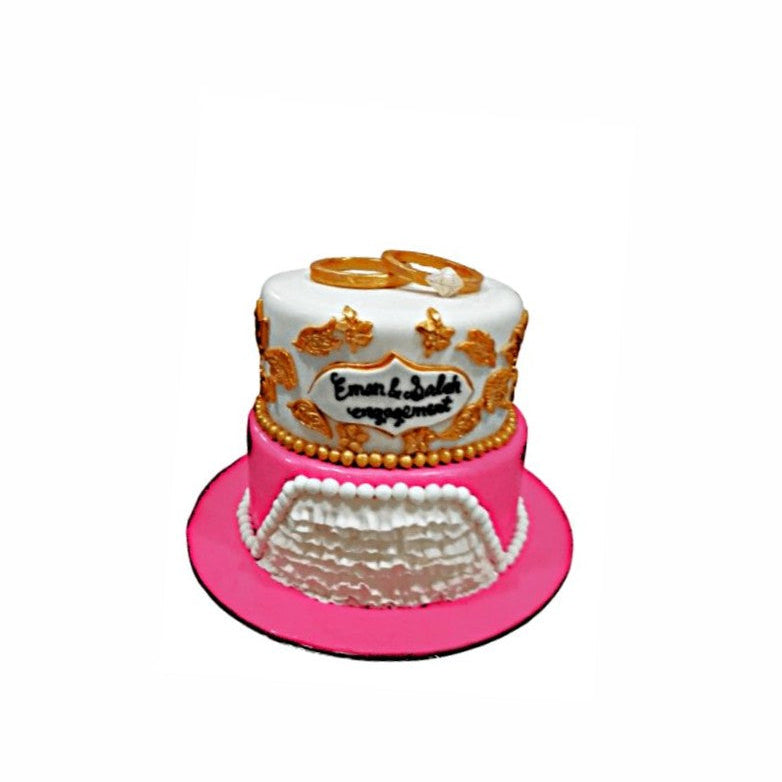 Pink & White Layer Engagement Cake with Gold Ring – Elegant Wedding Cake | Abu Dhabi & UAE Delivery in Abu Dhabi | Wedding / Engagement Cakes Delivery UAE – Legrandeuae