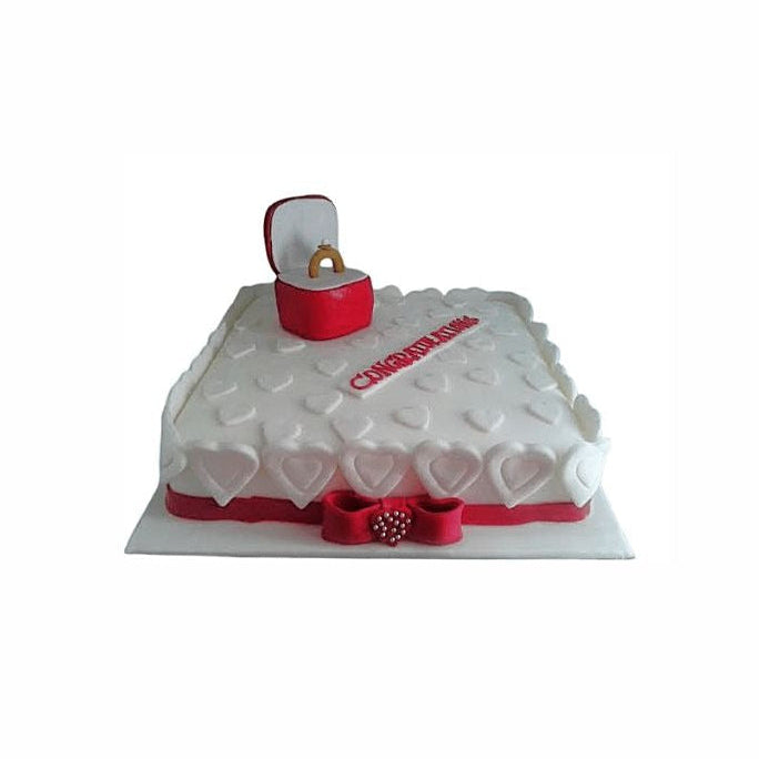 White & Red Square Engagement Cake with Ring Box Topper – Elegant Wedding Cake | Abu Dhabi & UAE Delivery in Abu Dhabi | Wedding / Engagement Cakes Delivery UAE – Legrandeuae