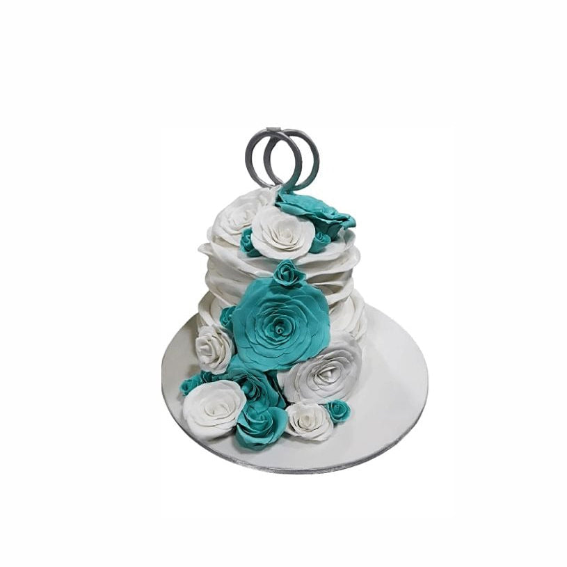 Heavily Decorated Engagement Cake with Big Roses & Ring Topper – Luxury Wedding Cake | Abu Dhabi & UAE Delivery in Abu Dhabi | Wedding / Engagement Cakes Delivery UAE – Legrandeuae