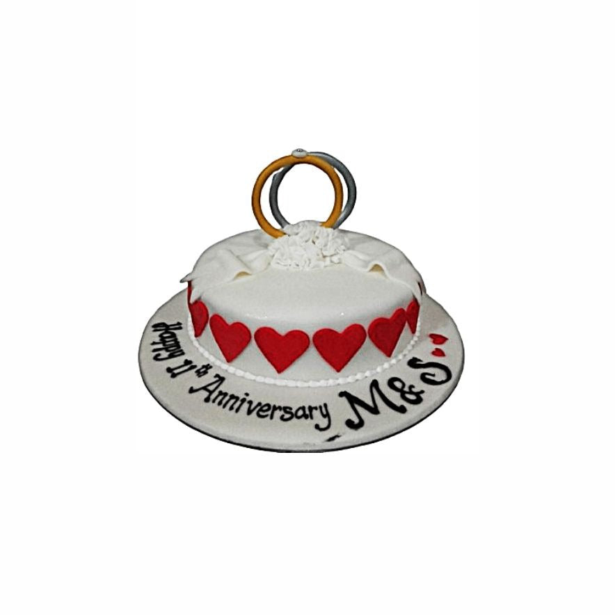 Simple Classic White Engagement Cake with Interlocking Rings & Red Hearts – Elegant Wedding Cake | Abu Dhabi & UAE Delivery in Abu Dhabi | Wedding / Engagement Cakes Delivery UAE – Legrandeuae