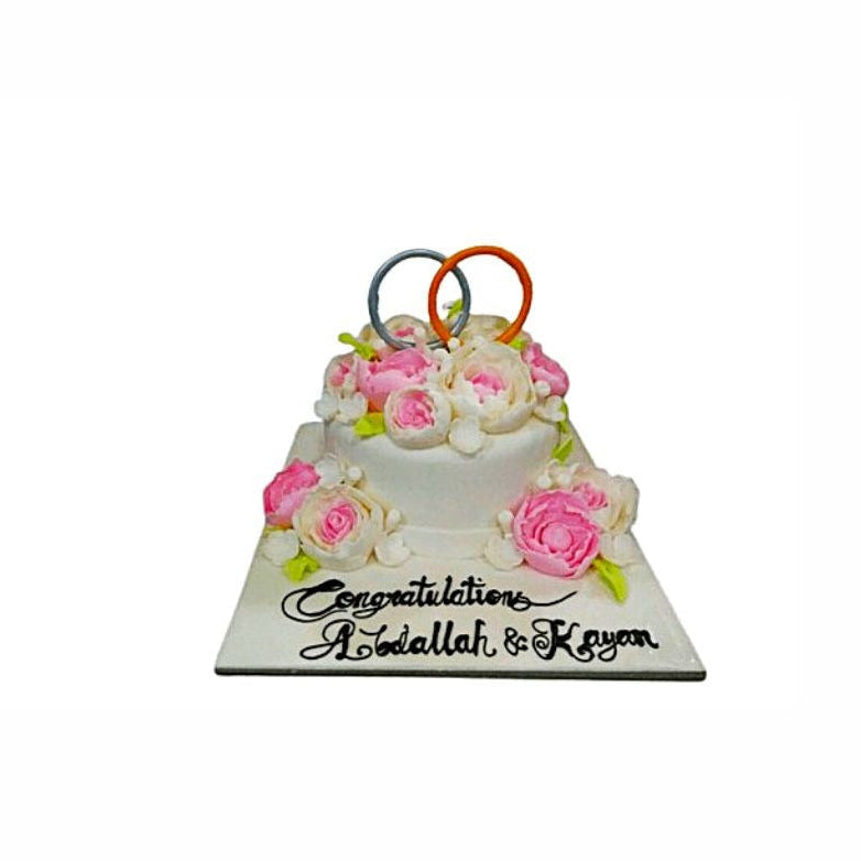 “She Said Yes” Pink & White Floral Wedding Cake with Ring Topper – Engagement Cake | Abu Dhabi & UAE Delivery in Abu Dhabi | Wedding / Engagement Cakes Delivery UAE – Legrandeuae