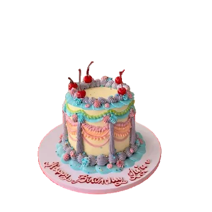 Pastel Vintage Birthday Cake with Cherries & Colourful Buttercream Piping - Abu Dhabi