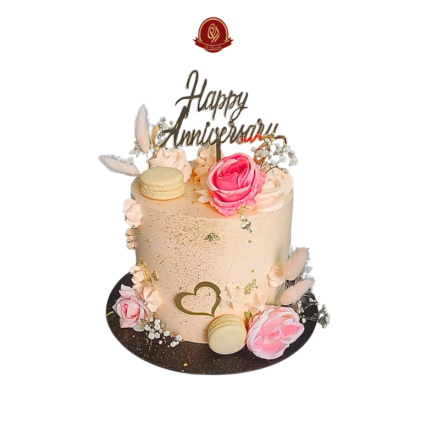 Cylindrical Anniversary Cake with Macarons & Fresh Flowers | Abu Dhabi & UAE Delivery in Abu Dhabi | Annivesary Cakes Delivery UAE – Legrandeuae