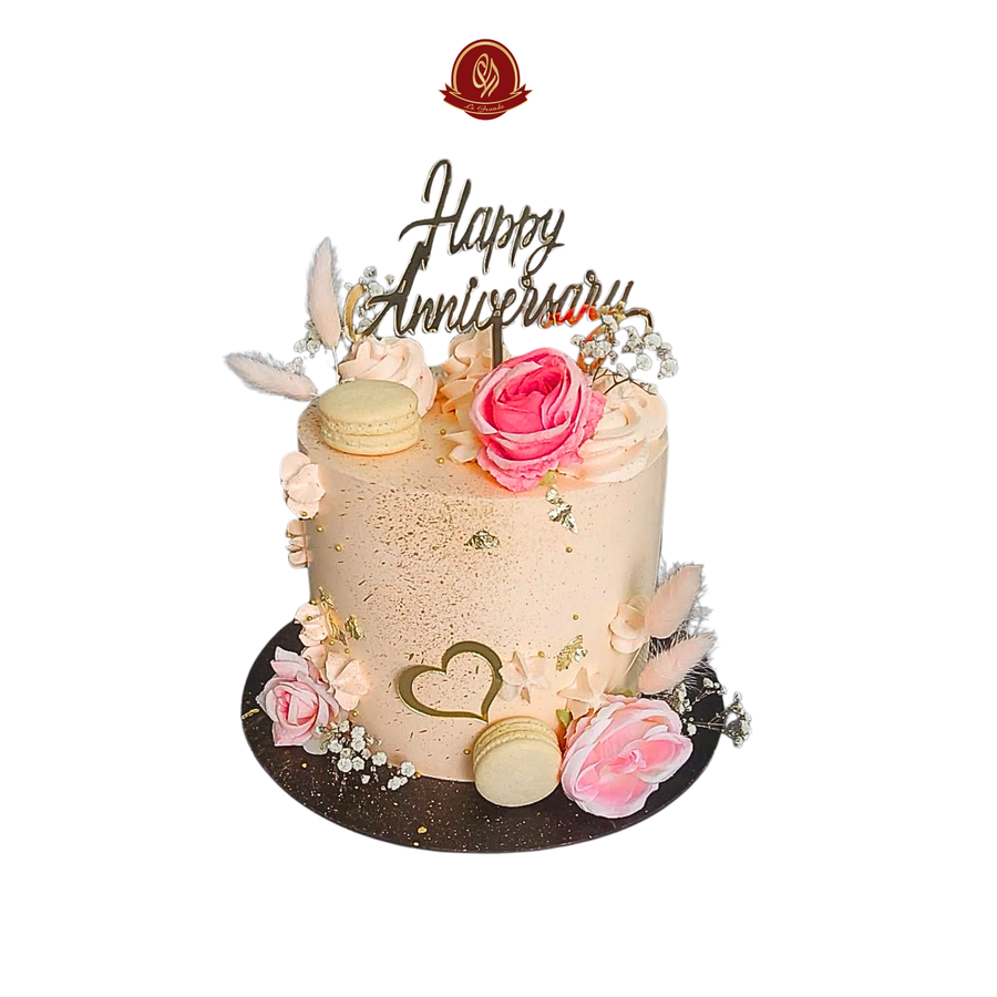 Cylindrical Anniversary Cake with Macarons & Fresh Flowers | Abu Dhabi & UAE Delivery in Abu Dhabi | Annivesary Cakes Delivery UAE – Legrandeuae