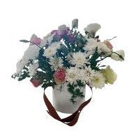 Pastel Pink and White Rose Chrysanthemum Flower Arrangement in a White Hat Box with Brown Ribbon - Abu Dhabi in Abu Dhabi | Birthday Flowers / Bouquet (All Genders) Delivery UAE – Legrandeuae