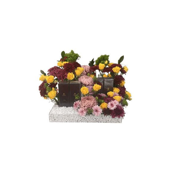 Luxury Rainbow Dahlia & Rose Tray Multicolor Yellow Roses, Burgundy Dahlias, Pink Chrysanthemums, Blue Mums & Seasonal Greens in a White Pebble-Filled Rectangular Tray For Birthday - Abu Dhabi in Abu Dhabi | Birthday Flowers / Bouquet (All Genders) Delivery UAE – Legrandeuae