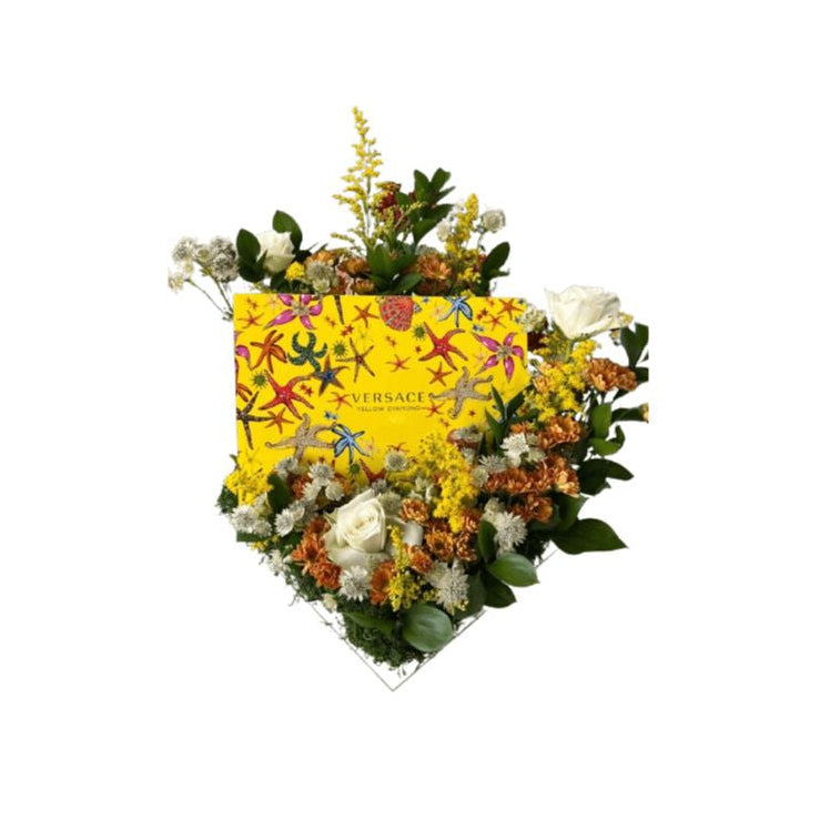 Birthday Gift Flower Arrangement With Sunny Yellow Bloom Heart Tray Vibrant Yellow Solidago, Yellow Chrysanthemums, White Roses & Orange Accents in a Heart-Shaped Acrylic Tray - Abu Dhabi in Abu Dhabi | Birthday Flowers / Bouquet (All Genders) Delivery UAE – Legrandeuae