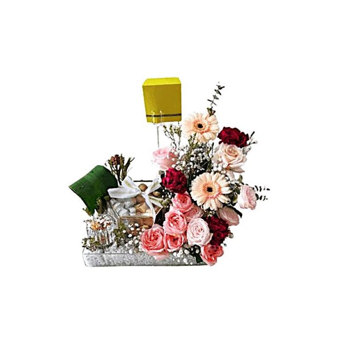 Birthday Romantic Blush Rose & Gerbera Arrangement Soft Pink Roses, Peach Gerberas, Burgundy Carnations, Baby’s Breath & Delicate Greens in Rectangular Tray - Abu Dhabi in Abu Dhabi | Birthday Flowers / Bouquet (All Genders) Delivery UAE – Legrandeuae