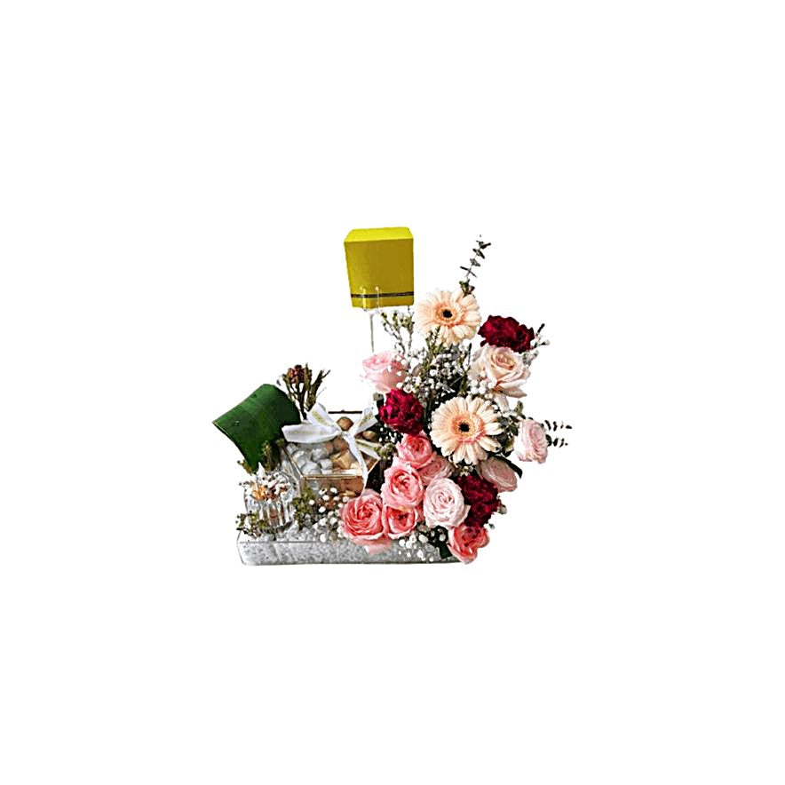 Romantic Blush Rose & Gerbera Arrangement Soft Pink Roses, Peach Gerberas, Burgundy Carnations, Baby’s Breath & Delicate Greens in Rectangular Tray For Anniversary - Abu Dhabi in Abu Dhabi | Anniversary Bouquet Delivery UAE – Legrandeuae