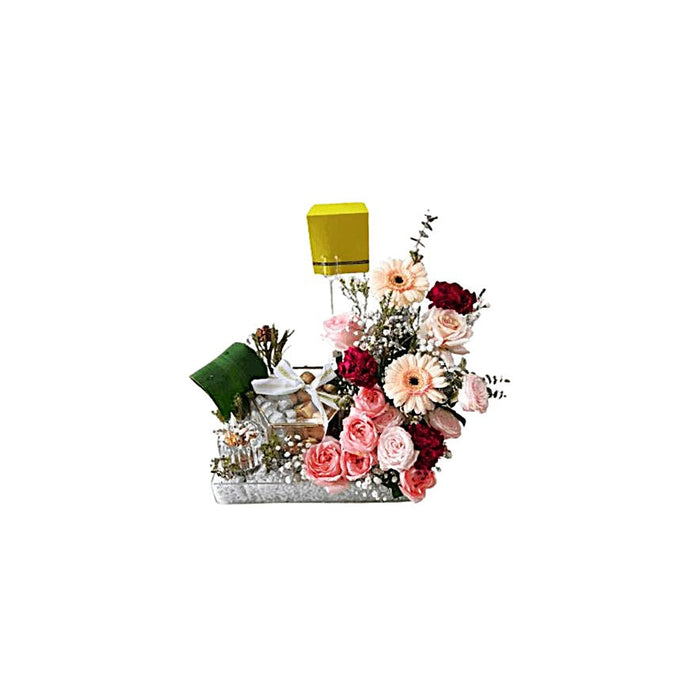 Romantic Blush Rose & Gerbera Arrangement Soft Pink Roses, Peach Gerberas, Burgundy Carnations, Baby’s Breath & Delicate Greens in Rectangular Tray For Anniversary - Abu Dhabi in Abu Dhabi | Anniversary Bouquet Delivery UAE – Legrandeuae