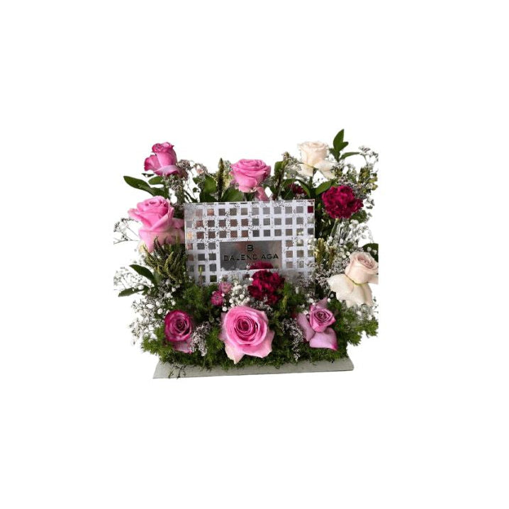 Birthday Flower Arrangement With Glamorous Pink Rose & Carnation Tray Vibrant Pink Roses, Burgundy Carnations, Baby’s Breath & Greenery in a Low Rectangular Moss Base - Abu Dhabi in Abu Dhabi | Birthday Flowers / Bouquet (All Genders) Delivery UAE – Legrandeuae