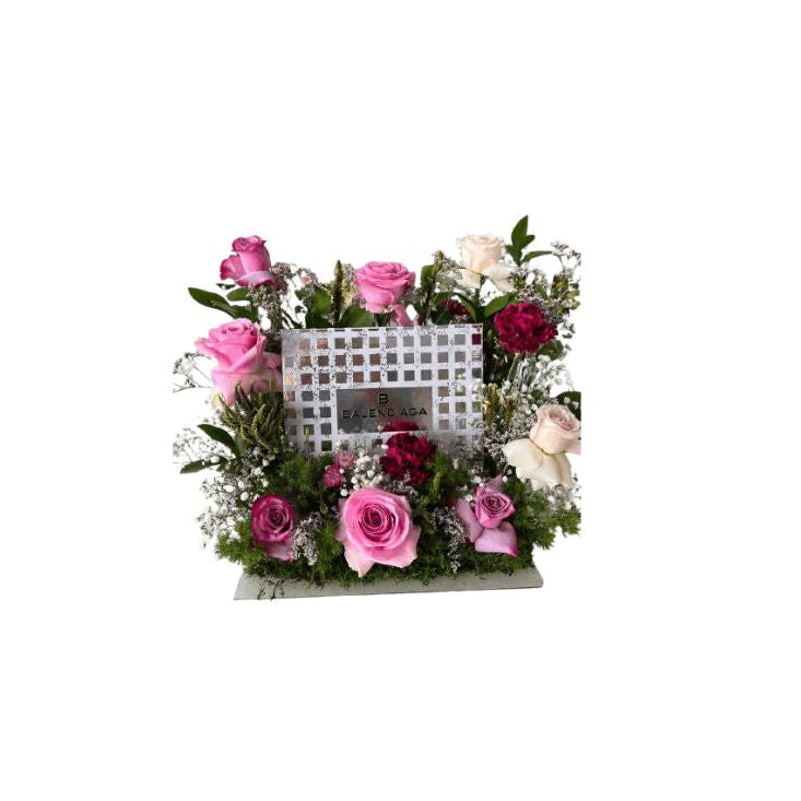 Anniversary Flower Arrangement With Glamorous Pink Rose & Carnation Tray Vibrant Pink Roses, Burgundy Carnations, Baby’s Breath & Greenery in a Low Rectangular Moss Base - Abu Dhabi in Abu Dhabi | Anniversary Bouquet Delivery UAE – Legrandeuae