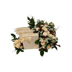 Birthday Flower Arrangement With Sophisticated Ivory Rose & Daisy Tray Cream & White Roses, Mini White Daisies & Subtle Red Accents in a Rectangular Tray - Abu Dhabi in Abu Dhabi | Birthday Flowers / Bouquet (All Genders) Delivery UAE – Legrandeuae