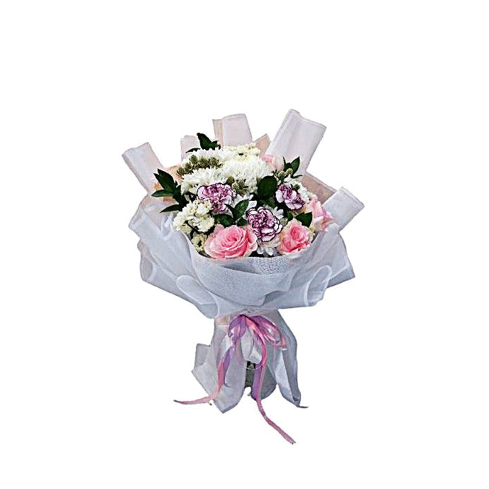 Eid White & Pink Hand-Tied Bouquet in White Wrapping – Eid Mubarak Flowers | Abu Dhabi & UAE Delivery in Abu Dhabi | Eid Flowers \ Bouquet Delivery UAE – Legrandeuae