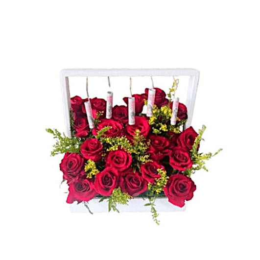 Birthday Celebration Red Roses & Money Candle Center-piece Arrangement - Abu Dhabi in Abu Dhabi | Birthday Flowers / Bouquet (All Genders) Delivery UAE – Legrandeuae
